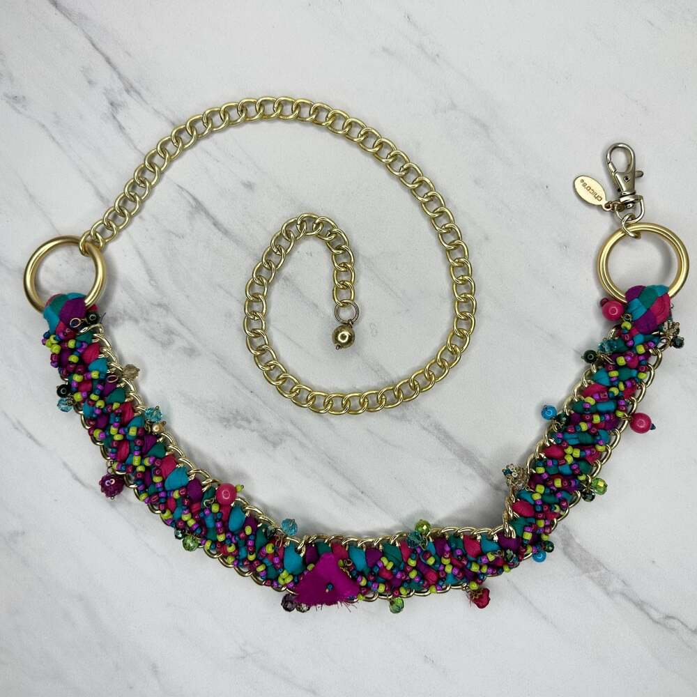 Chico's Woven Beaded Gold Tone Chain Belt Multicolor Boho One Size (OS) ✨